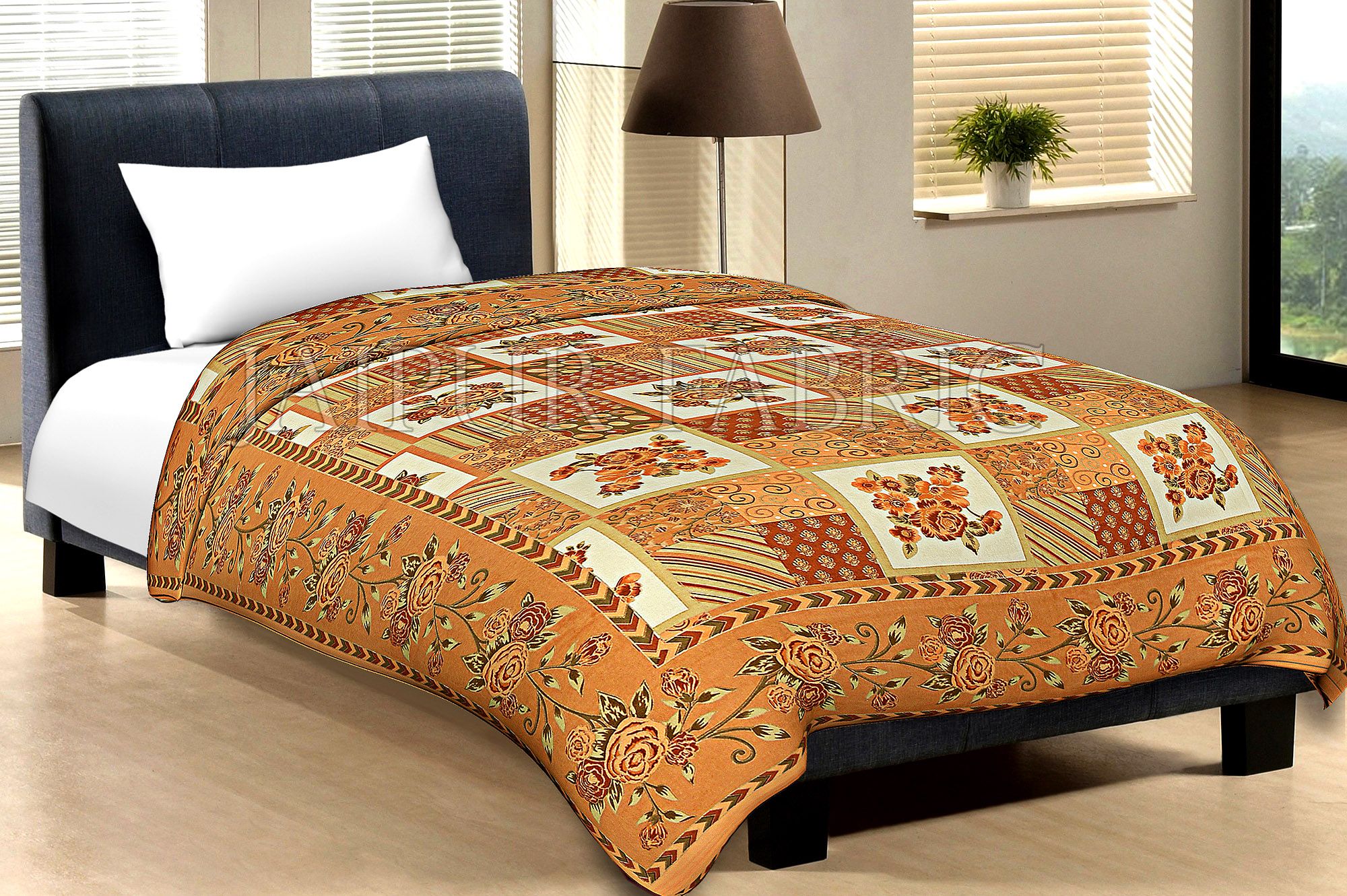 Musterd Border Cream Base Flower And Check With Golden Shining Print Cotton Single Bed Sheet With Out Pillow Cover