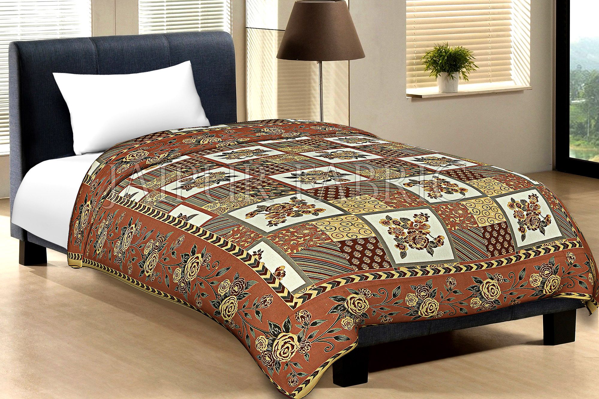 Brown Border Cream Base Flower And Check With Golden Shining Print Cotton Single Bed Sheet With Out Pillow Cover