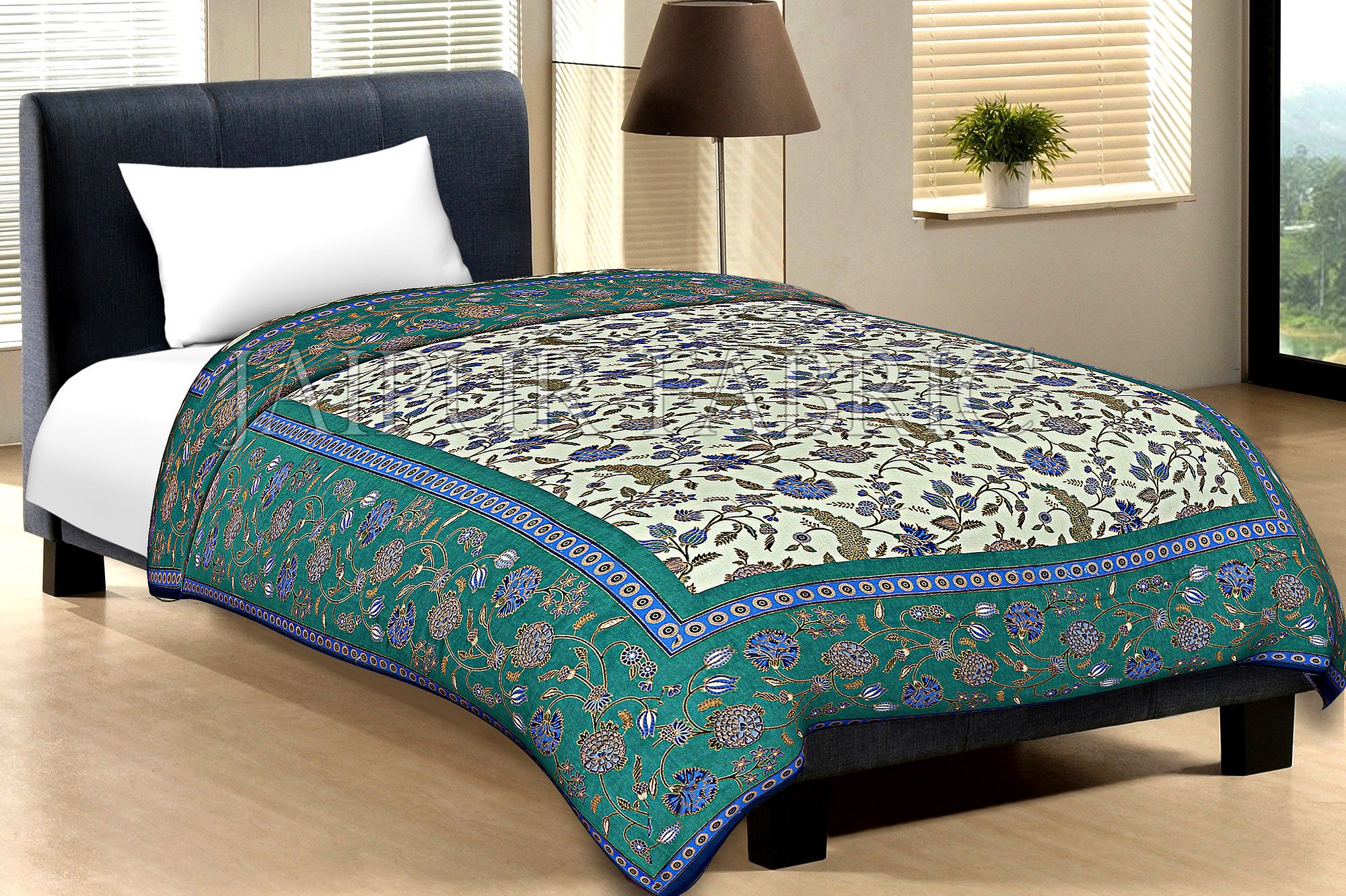 Green Border With Navy Blue Edge Cream Base Leaf And Flower Golden Print Cotton Single Bed Sheet With Out Pillow Cover