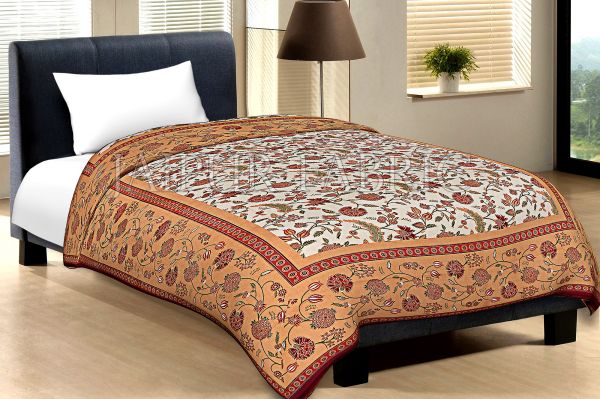 Brown Border With Mahroon Edge Cream Base Leaf And Flower Golden Print Cotton Single Bed Sheet With Out Pillow Cover