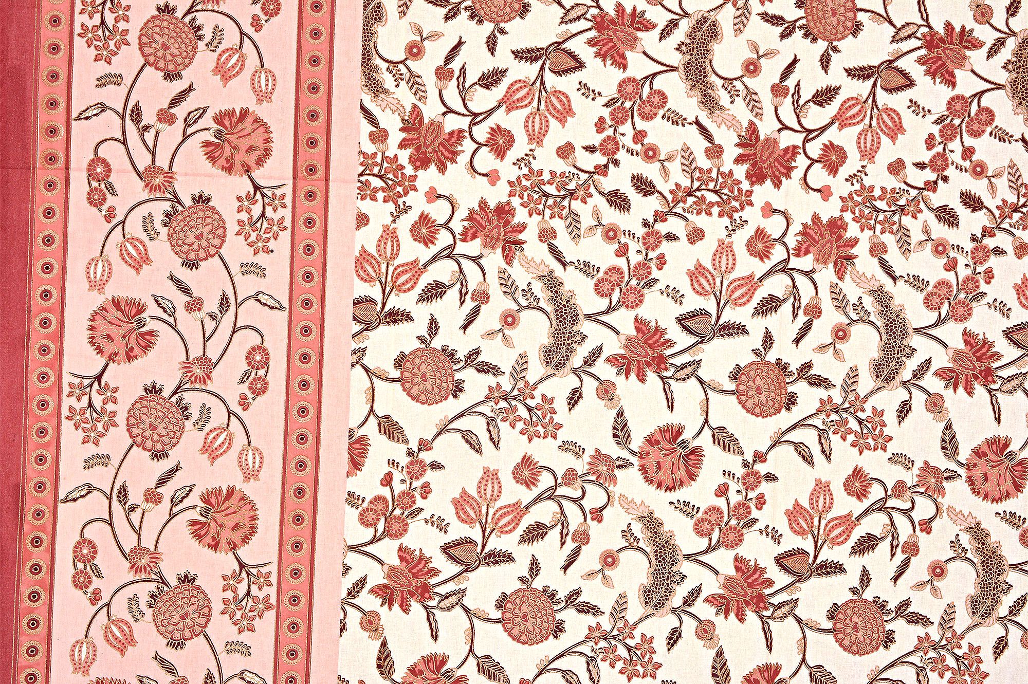 Pink Border With Dark Brown Edge Cream Base Leaf And Flower Golden Print Cotton Single Bed Sheet With Out Pillow Cover