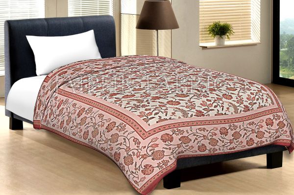 Pink Border With Dark Brown Edge Cream Base Leaf And Flower Golden Print Cotton Single Bed Sheet With Out Pillow Cover