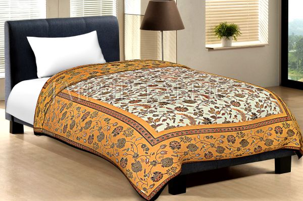 Yellow Border With Black Edge Cream Base Leaf And Flower Golden Print Cotton Single Bed Sheet With Out Pillow Cover