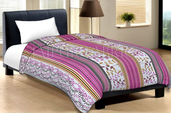 White Base Pink And Multi Colour Lineing With Leaf Pattern Cotton Single Bed Sheet without pillow Cover