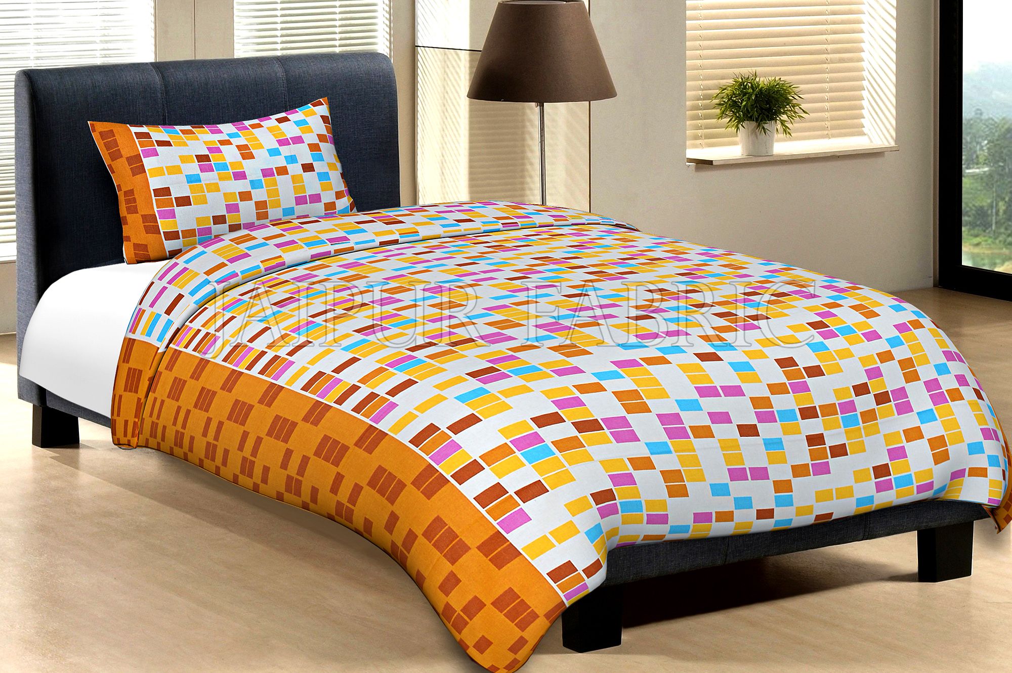 Orange Border Cream Base With Multi Colour Tiny Check Cotton Single Bed Sheet