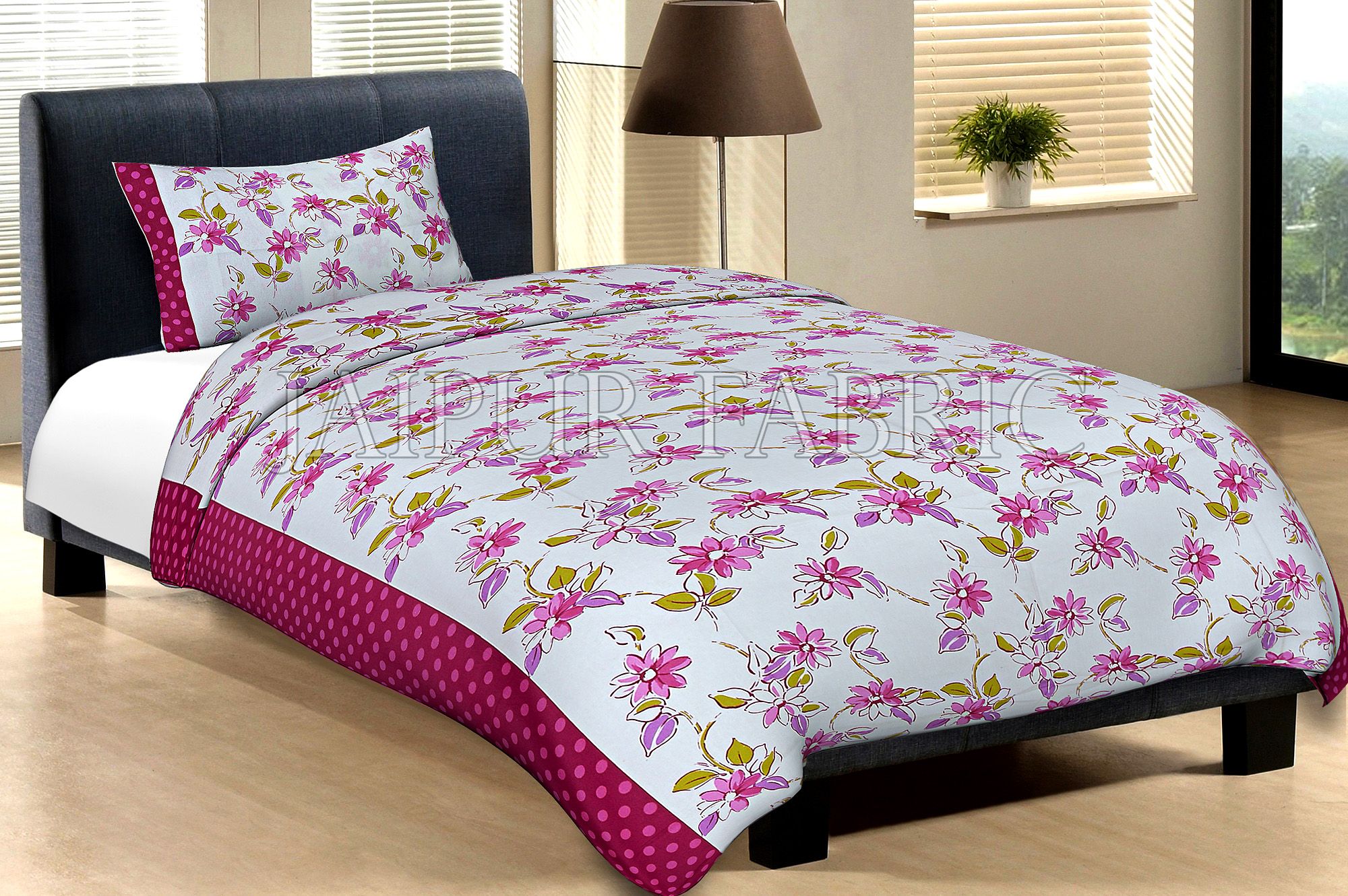 Maroon Border With Pink Polka Dot And White Base With Pink Flower Cotton Single Bed Sheet with