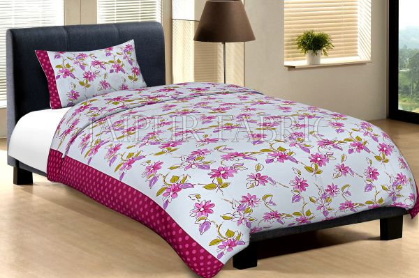 Maroon Border With Pink Polka Dot And White Base With Pink Flower Cotton Single Bed Sheet with