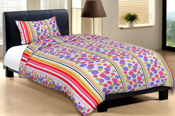 White Base Pink Purple And Yellow Polka Dot And Lining Print Cotton Single Bed Sheet without pillow Cover