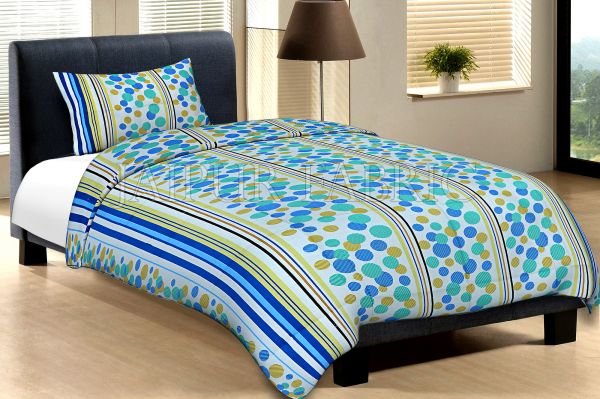 White Base Blue Green And Yellow Polka Dot And Lining Print Cotton Single Bed Sheet without  Pillow Cover