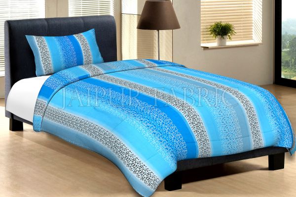 Blue And Sky Blue Broad Lining With Black And White Pigment Print Cotton Single Bed Sheet with 1 pillow Cover