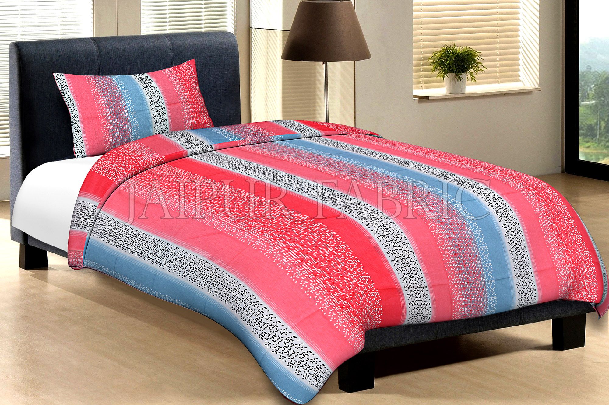 Dark Pink Blue And White Broad Lining With Black And White Pigment Print Cotton Single Bed Sheet with 1 pillow Cover