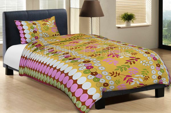 Yellow Base Polka Dot Leaf And Flower Print Cotton Single Bed Sheet with 1 pillow Cover