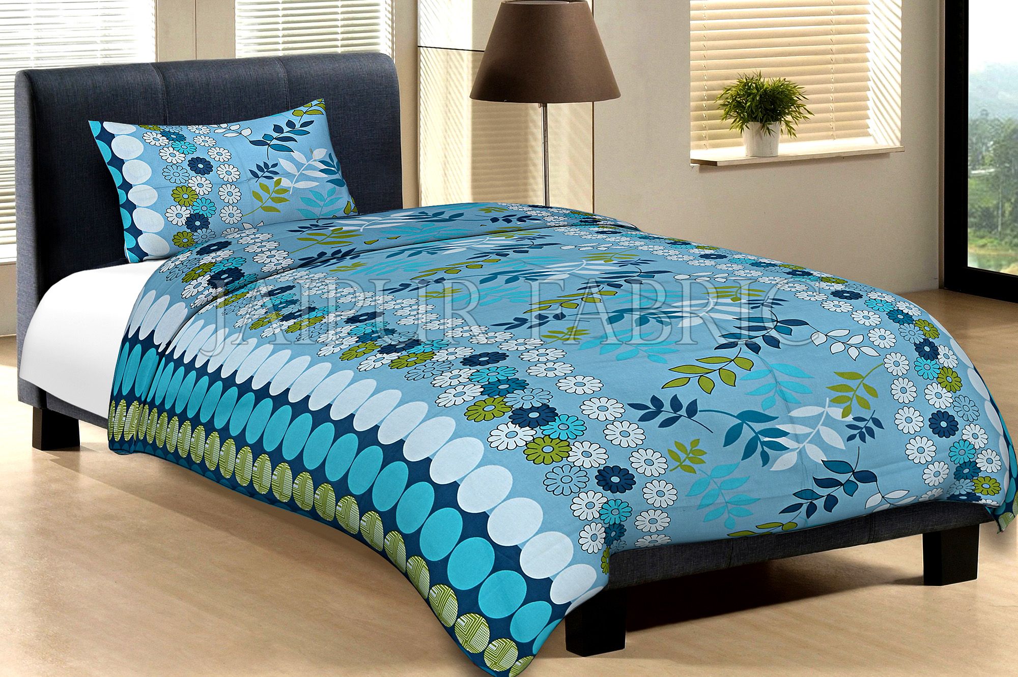Blue Base Polka Dot Leaf And Flower Print Cotton Single Bed Sheet with 1 pillow Cover