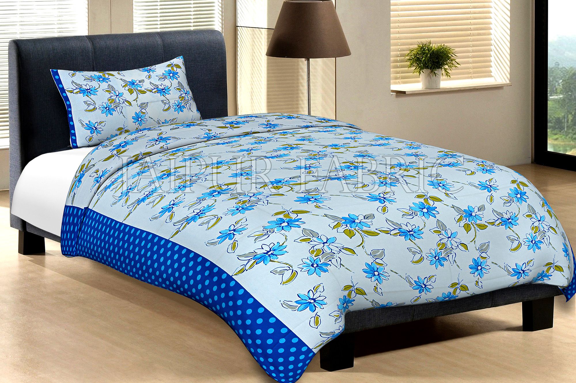 Blue Border With Light Blue  Polka Dot And White Base With Blue Flower Cotton Single Bed Sheet with 1 pillow Cover