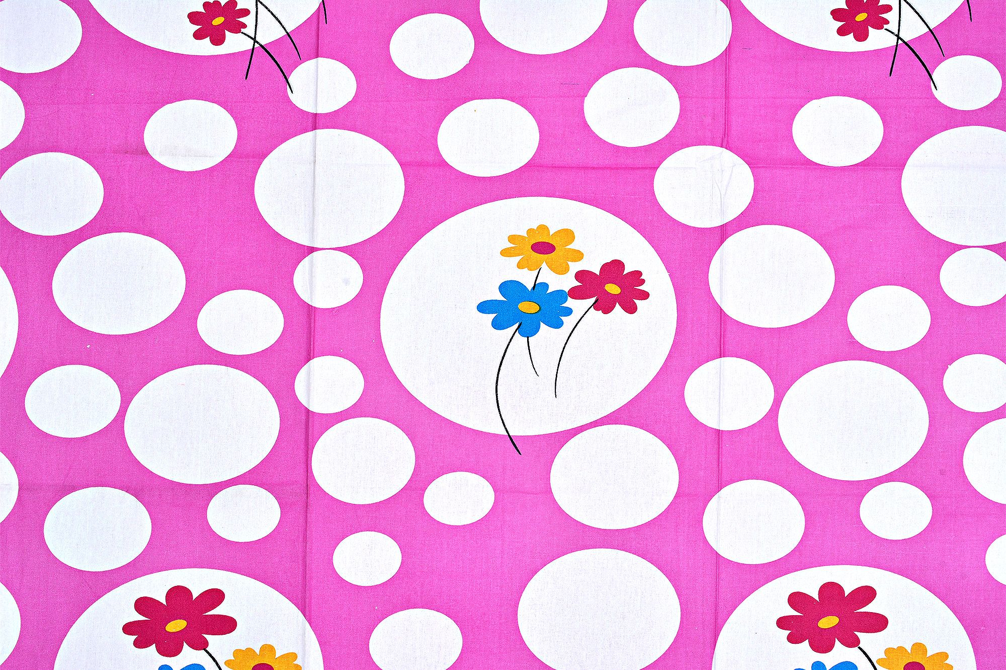 Pink Base With Large And Small Polka Dot And Flower Print Cotton Single Bed Sheet with 1 pillow cover