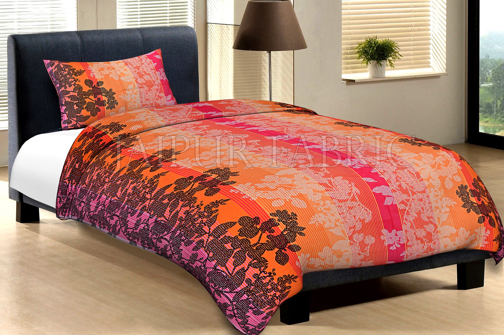 Orange Base With White And Black Flower And Lineing Print Cotton Single Bed Sheet with 1 pillow Cover