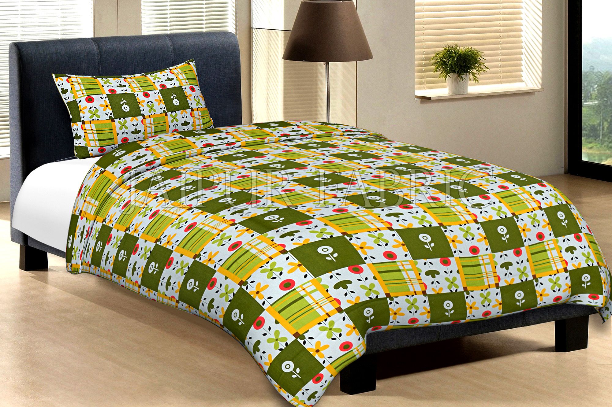 White Base Dark And Light Green Check And Flower Print Cotton Single Bed Sheet with 1 pillow Cover