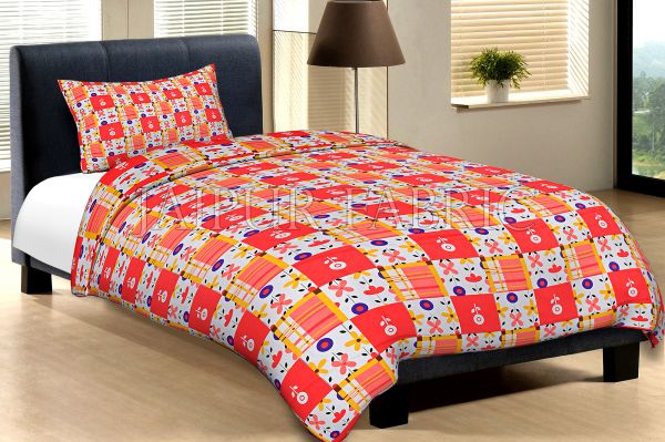 White Base Dark And Light Orange Check And Flower Print Cotton Single Bed Sheet with 1 pillow  Cover