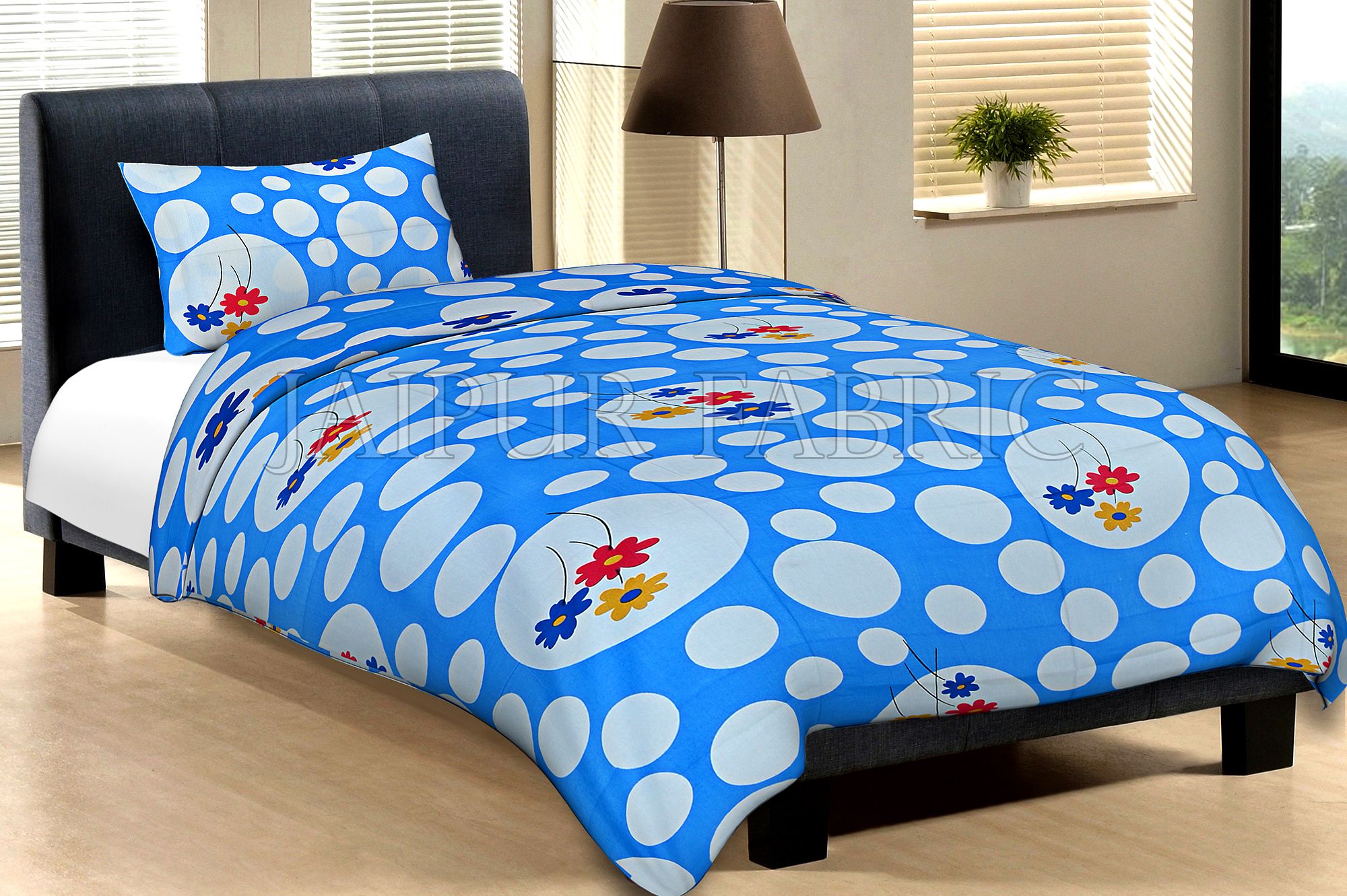 Blue Base With Large Amd Small Polka Dot And Flower Print Cotton Single Bed Sheet with 1 pillow  cover