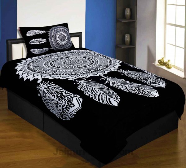 Dream Catcher Black & White Pure Cotton Single Bedsheet with 1 Pillow Cover