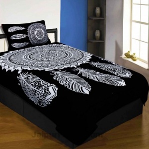Dream Catcher Black &amp; White Pure Cotton Single Bedsheet with 1 Pillow Cover