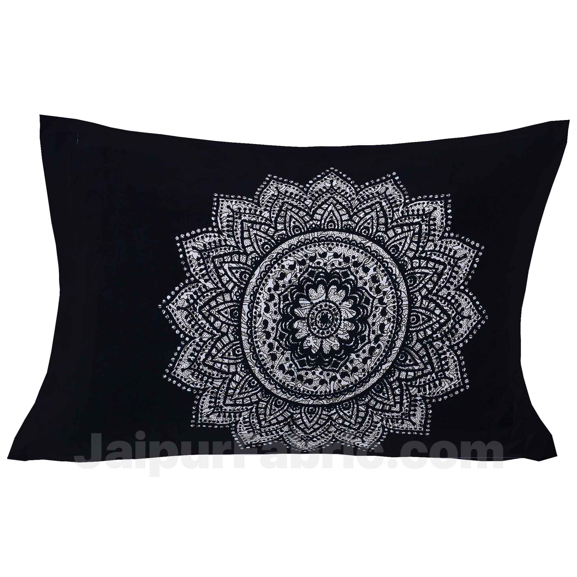 Big Rangoli Print Black & White Pure Cotton Single Bedsheet With 1 Pillow Cover