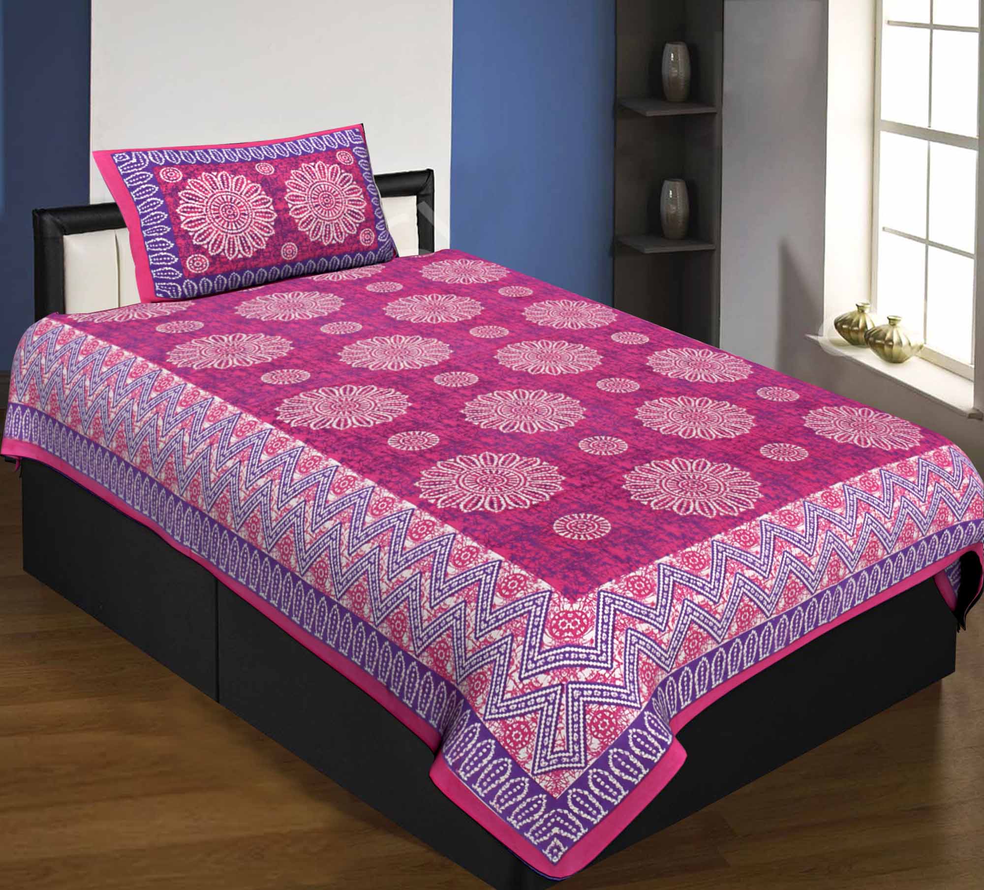 Single Bedsheet Pure Cotton Pink Border Flower Print Zig Zag Pattern