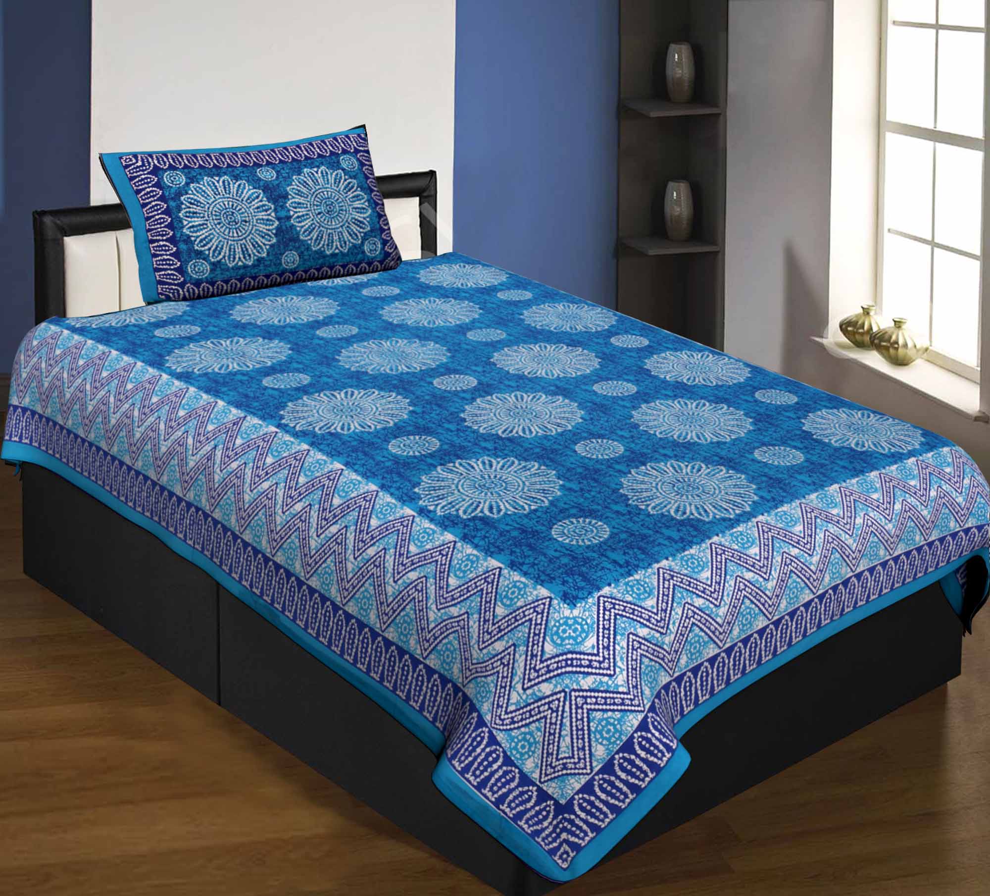 Single Bedsheet Pure Cotton Blue Firozi Border Flower Print Zig Zag Pattern