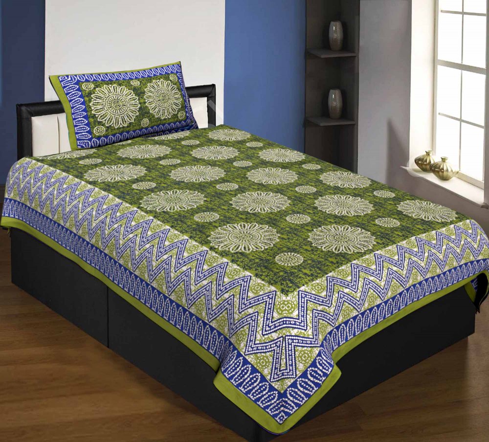Single Bedsheet Pure Cotton Green Border Flower Print Zig Zag Pattern