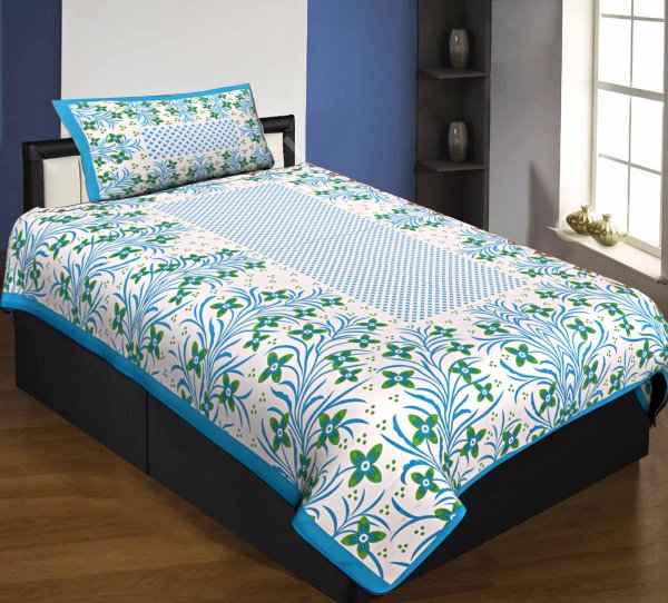 Single Bedsheet Pure Cotton firozi Border with Flower and Leaf Pattern