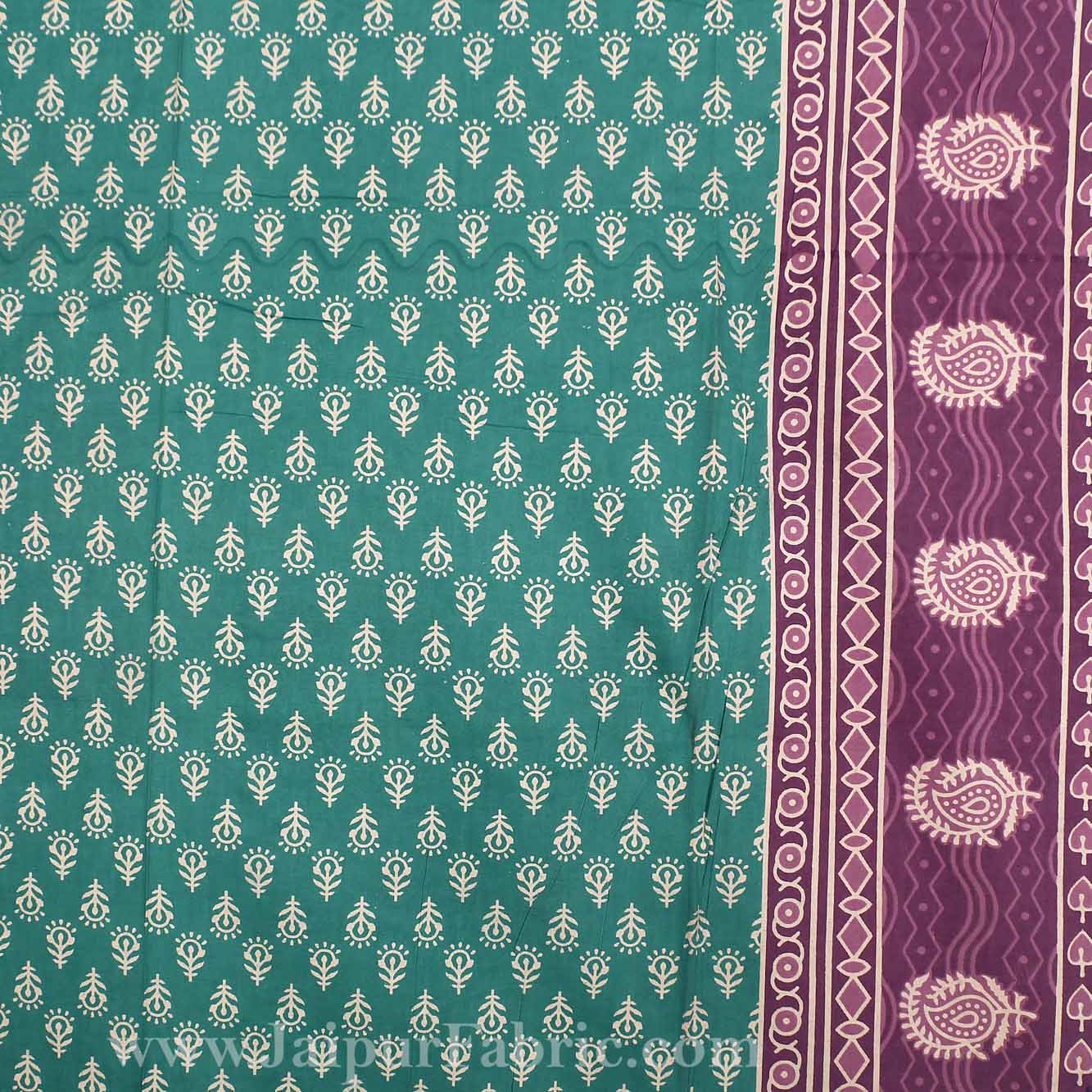 Green Border Leaf Pattern Screen Print Cotton Single Bed Sheet