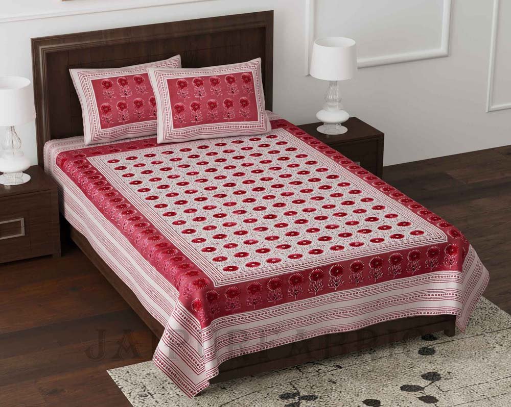 Lantana Pink Queen Size Pure Cotton Single Bedsheet with 2 Pillow Covers