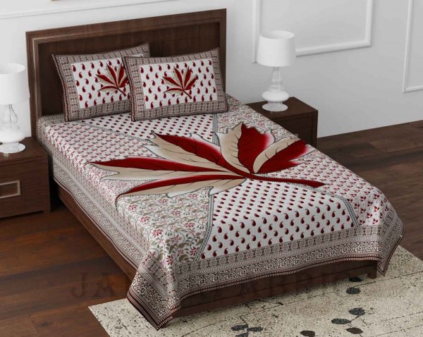 Croton Red Queen Size Pure Cotton Single Bedsheet with 2 Pillow Covers