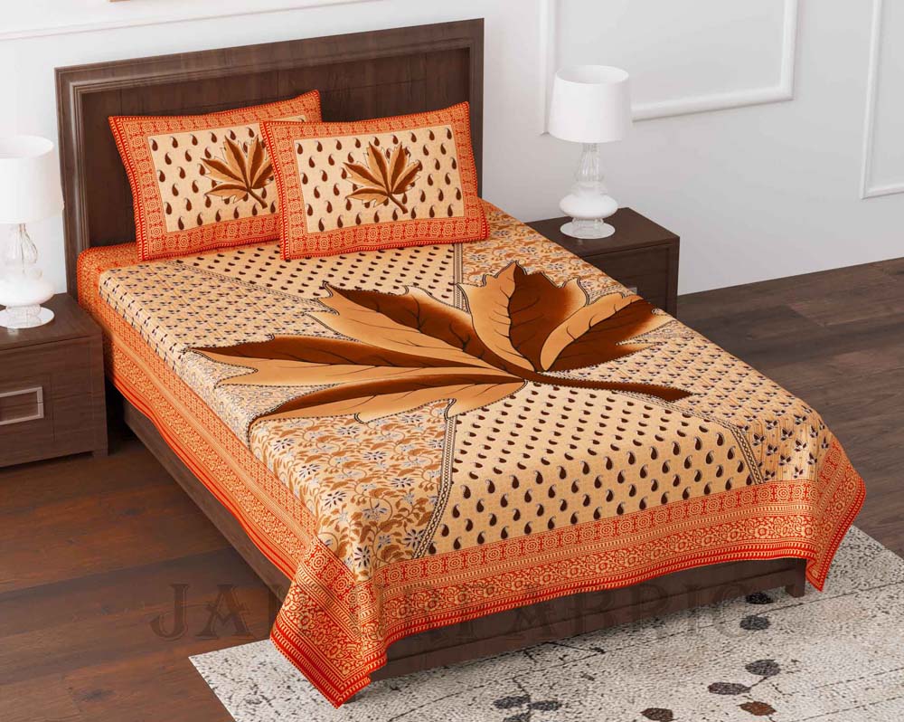 Croton Orange Queen Size Pure Cotton Single Bedsheet with 2 Pillow Covers