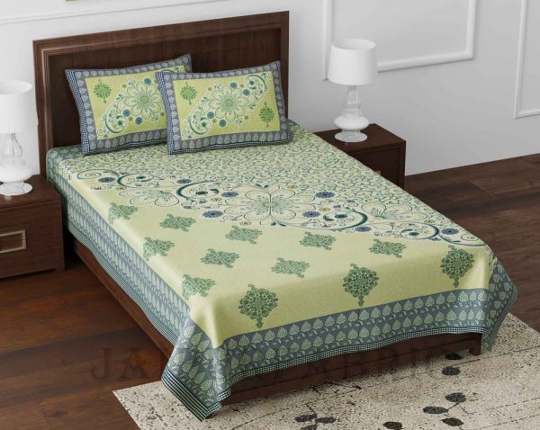 Daisy Green Queen Size Pure Cotton Single Bedsheet with 2 Pillow Covers