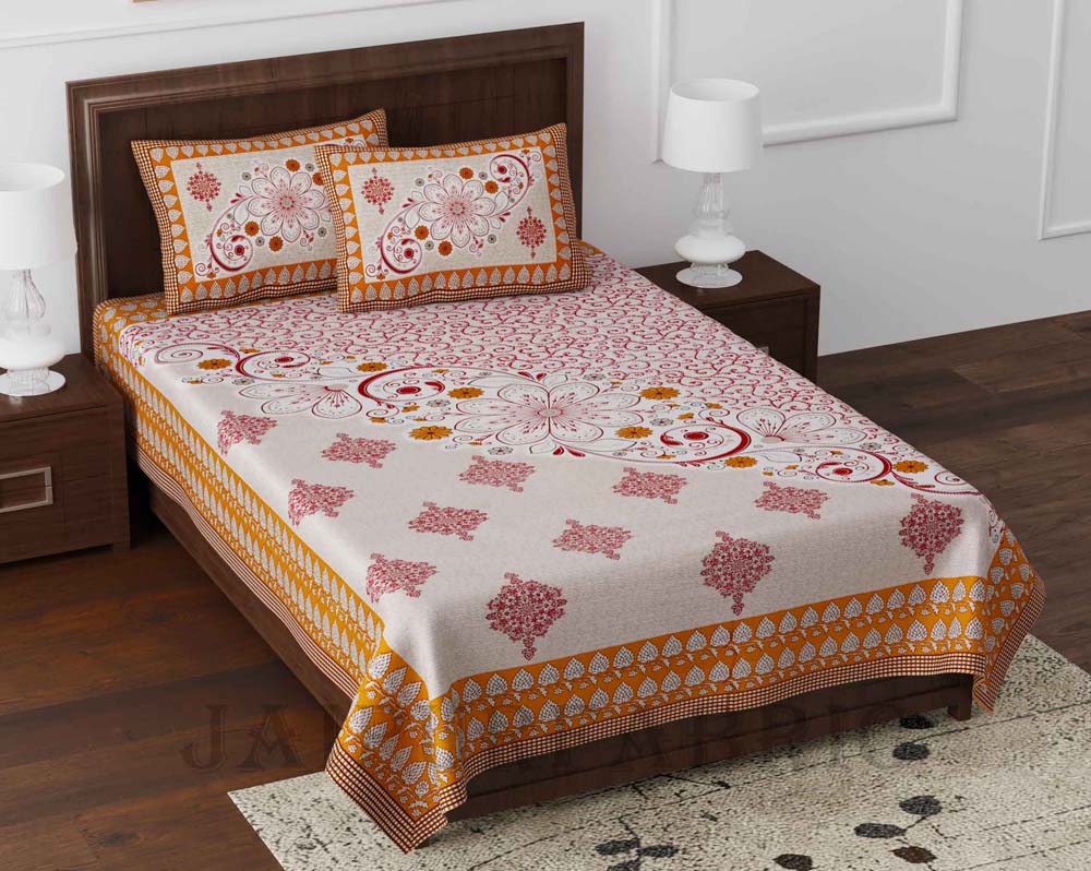 Daisy Brown Queen Size Pure Cotton Single Bedsheet with 2 Pillow Covers