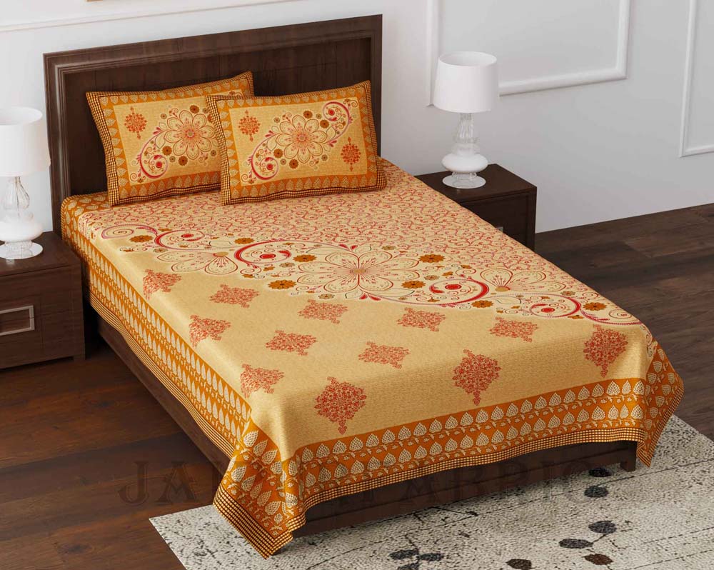 Daisy Orange Queen Size Pure Cotton Single Bedsheet with 2 Pillow Covers