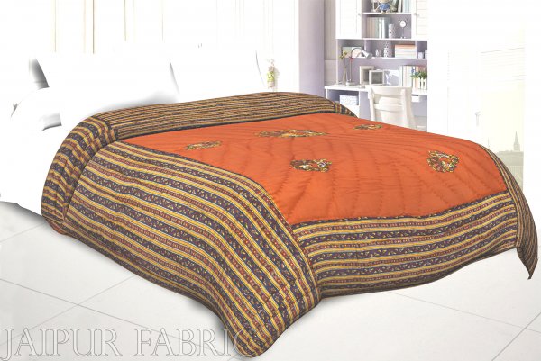 Orange Base Rajasthani Dancing Thread Work Cotton Double Bed Jaipuri Quilt