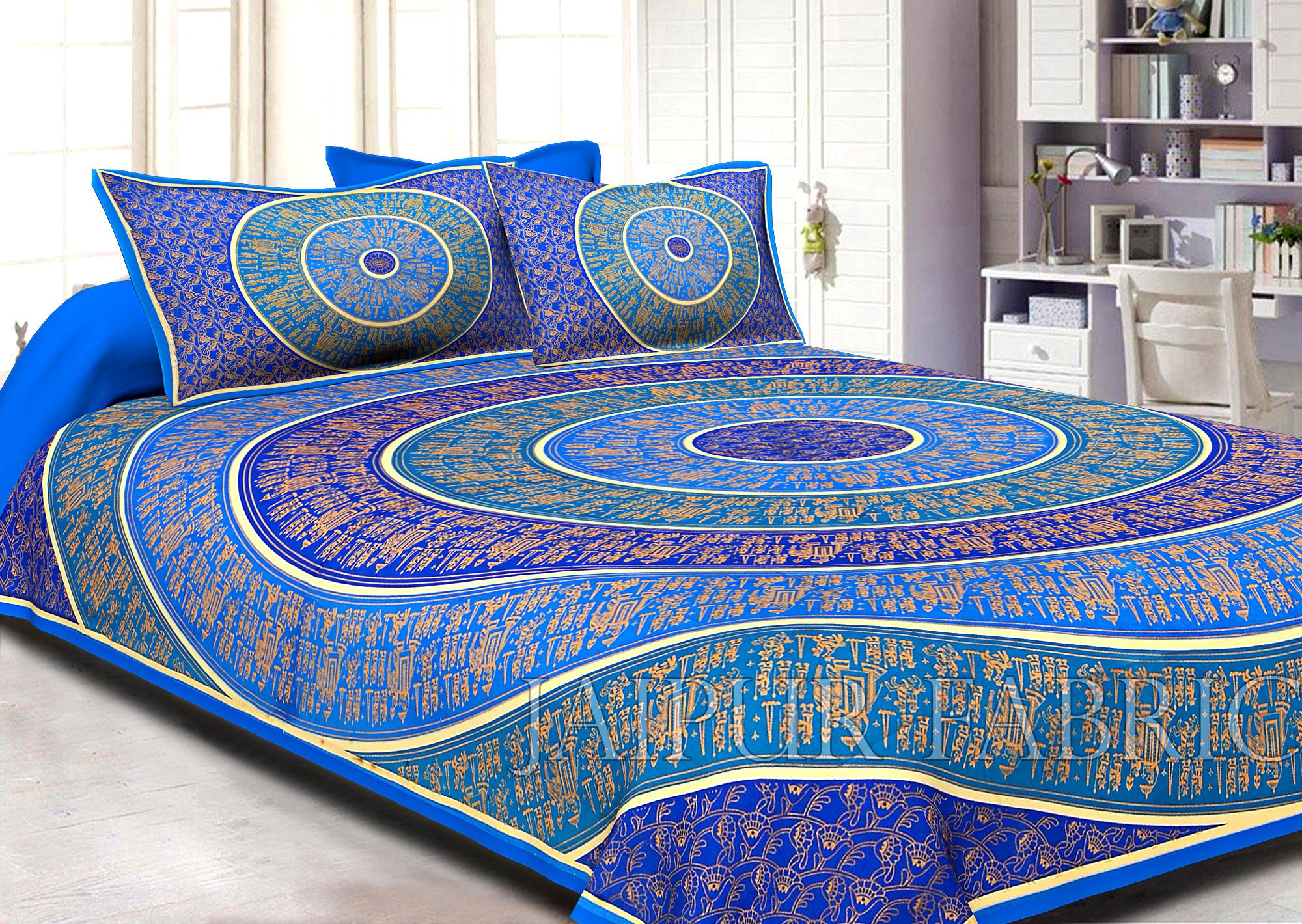 Blue Border Golden Barat In Circle Pattern Super Fine Cotton Double Bedsheet