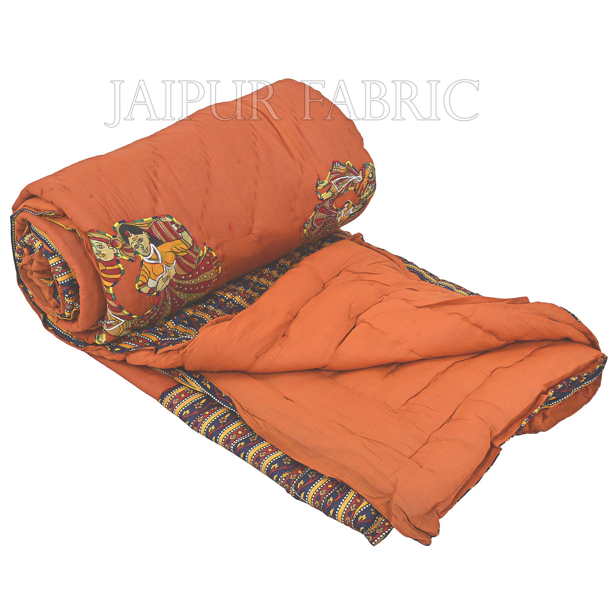 Orange Base Rajasthani Dancing Thread Work Cotton Double Bed Jaipuri Quilt