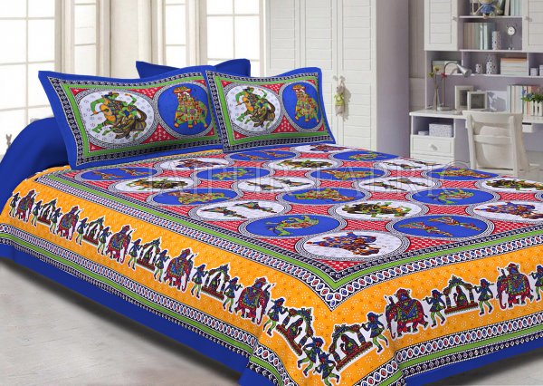 Blue Border Jaipuri Fat Wedding Print Cotton Double Bed Sheet