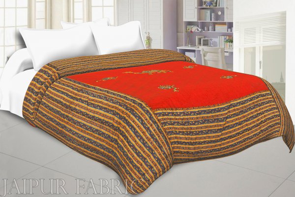 RED Base Rajasthani Dancing Thread Work Cotton Double Bed Jaipuri Quilt