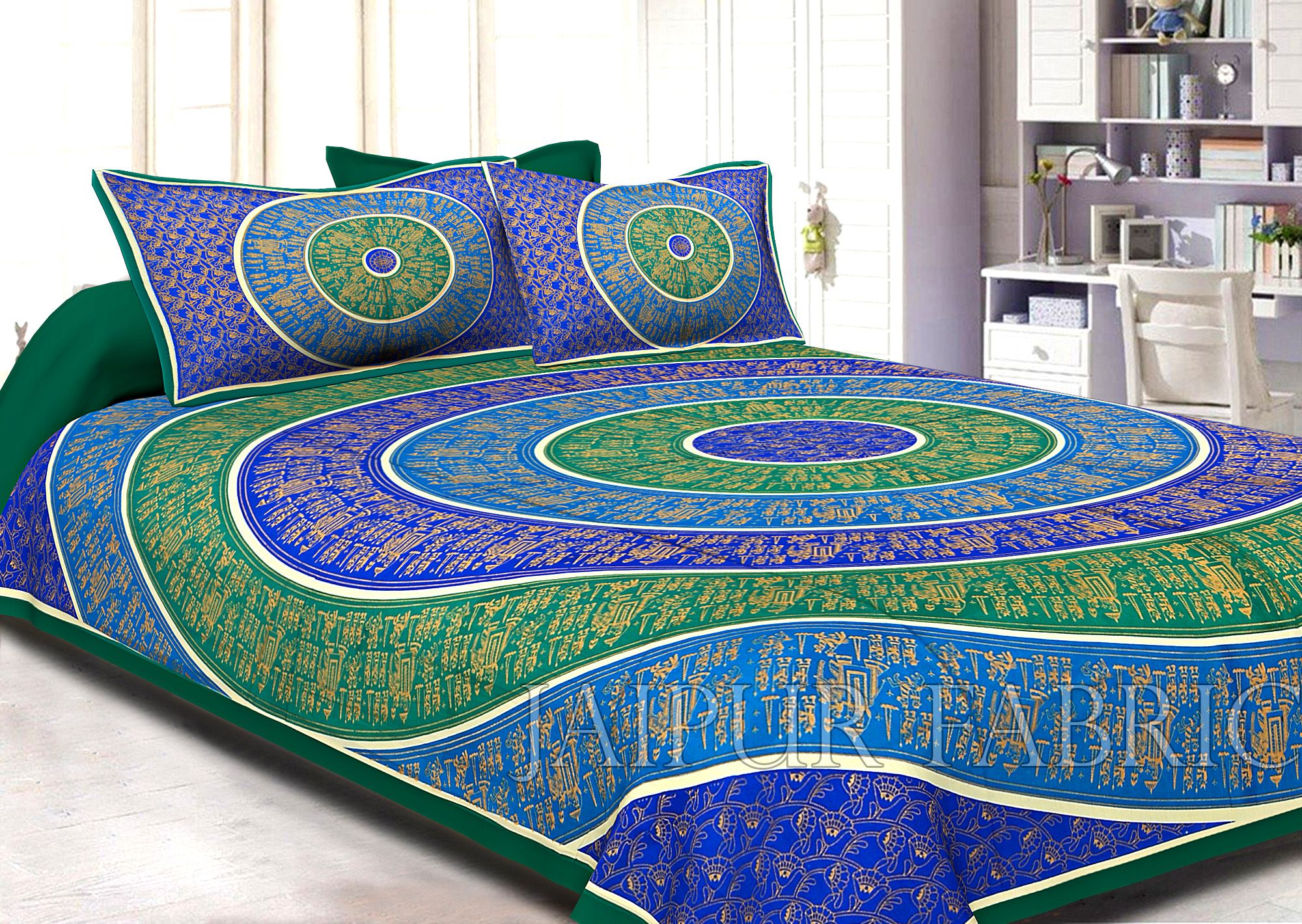 Green Border Golden Barat In Circle Pattern Super Fine Cotton Double Bedsheet