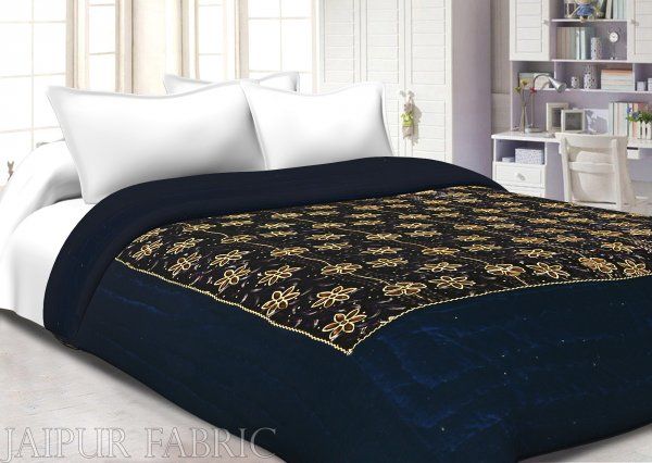 Navy Blue With Golden Dori Flower Print Velvet(Shaneel) Single  Quilt
