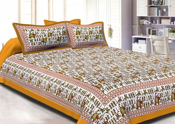 Beige Pastel Color Jaipuri Fat Wedding Print Cotton Double Bed Sheet