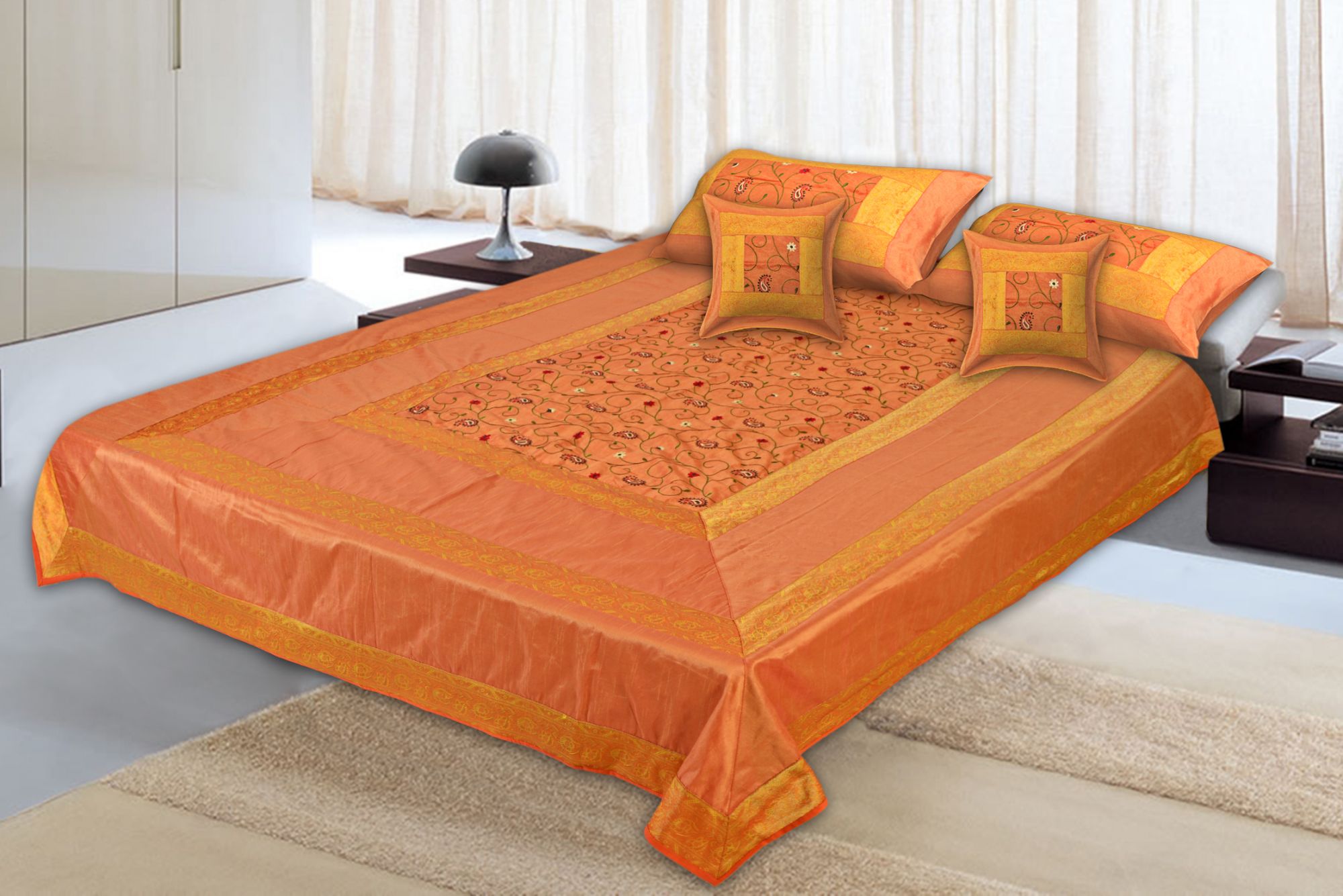 Orangish Yellow  Base With Zari  Border Silk Computer Embroidery  And Silk  Double Bedsheet