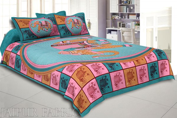 Green Base Elephant and Floral Printed Cotton Double Bed Sheet