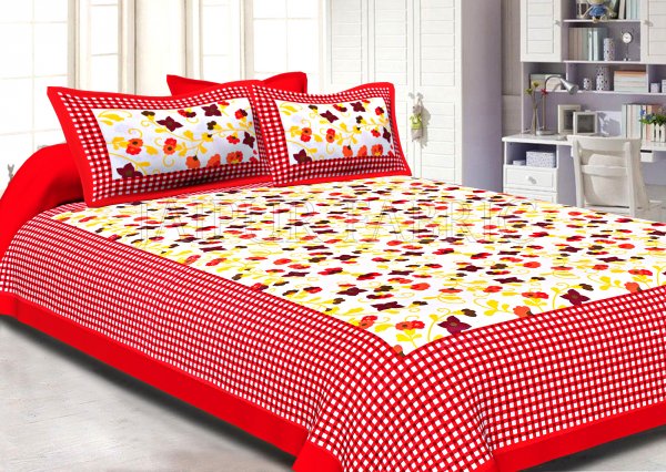 Red Checkered Border Floral Print Cotton Double Bed Sheet
