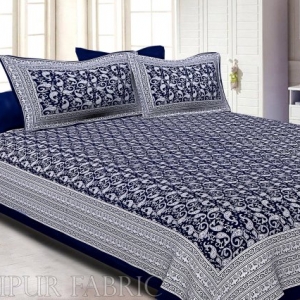 Navy Blue Border Base Karry Design Super Fine Cotton Double Bedsheet