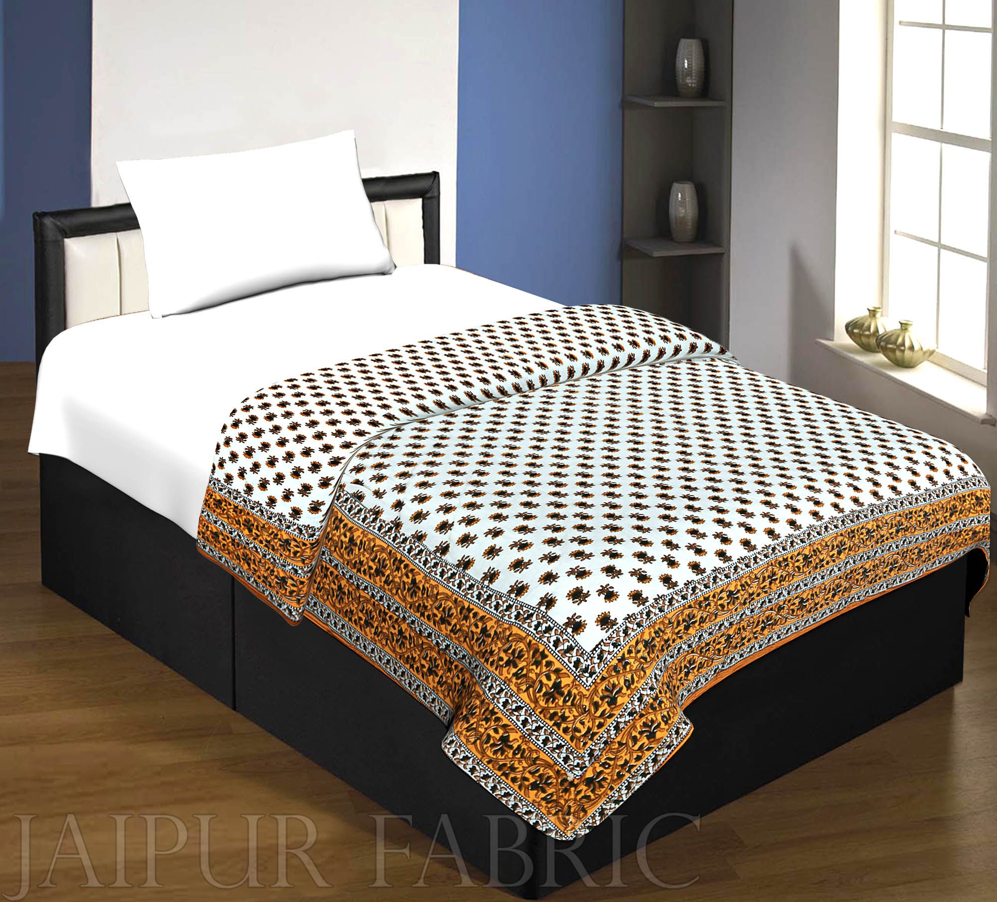 Brown Floral Print Cotton Handmade Single Bed Jaipuri Quilt